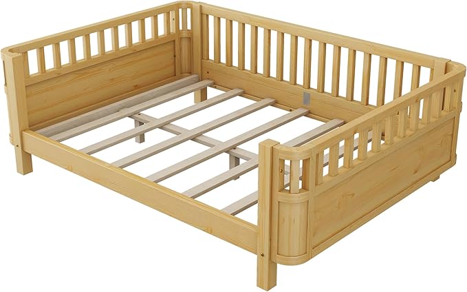 Full Kids Floor Bed Frame with Rails, Wood Low Montessori Platform Bed with Slats Support, Modern Daybed with Detachable Side Rails, Space Saving Kids Beds for Boys Girls Bedroom, Natural