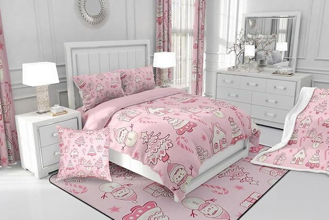 Feelyou Pink Christmas Comforter Set King Size Xmas Tree Snowman Bedding Set for Kids Boys Girls Star Gift Duvet Quilt Candy Cane Bedroom Decor Microfiber 3 Pcs with 2 Pillow Cases
