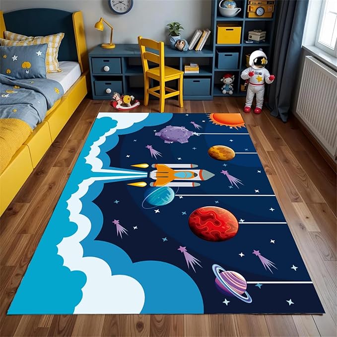 Outer Space Rugs,6x8ft,Kids Playroom Crawling Mat,Machine Washable,Non-Slip Carpet with Cartoon Planets and Rocket Design,Suitable for Kids Bedroom,Classroom,Nursery Decorative Rug