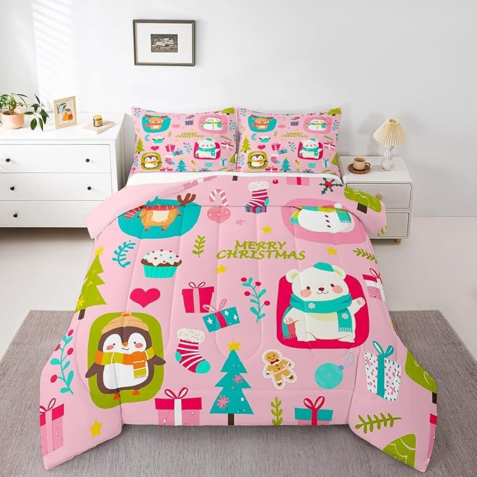 Erosebridal Christmas Cartoon Bedding Set for Kids Cute Snowman Bear Comforter Set Full Size Xmas Tree Deer Elk Reversible Quilts Kawaii Penguin Animal Duvet Insert Room Decor