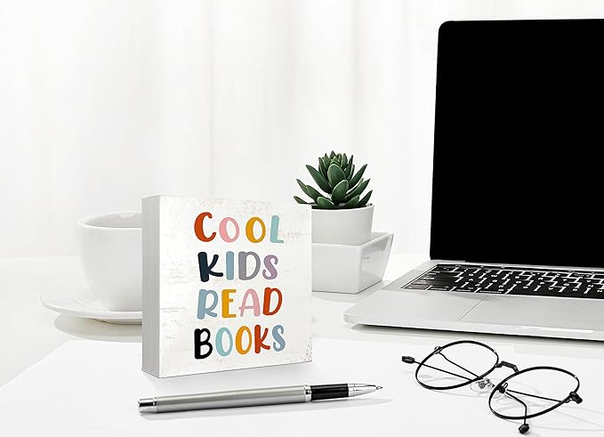 Mtrgdn Cool Kids Read Books Wood Box Sign Desk Decor Rustic Reading Wooden Box Block Sign Decorations for Home Kids Room Reading Room Nursery Classroom Wall Tabletop Desk Decor