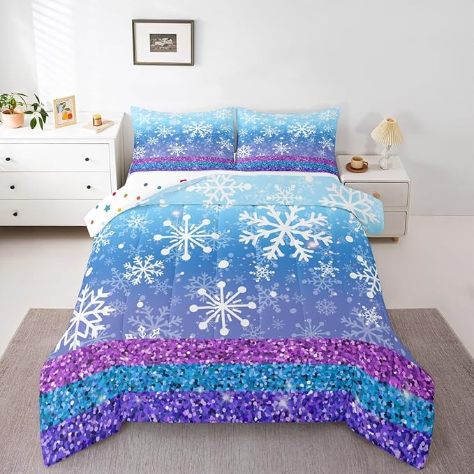 Feelyou Winter Snowflake Comforter Set All Season Glitter Print Bedding Set with 1 Pillow Cases Christmas Microfiber Kids Twin Bedclothes Holiday New Year Bedroom Decor Duvet Quilt Soft Lightweight