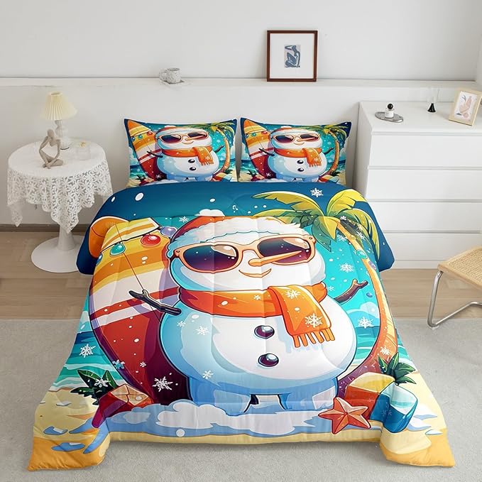 Manfei Cute Snowman Comforter Set King Size, Christmas Theme Bedding Set for Kids Boys Girls, Beach Surfboard Palm Tree Down Comforter for All Season, Lightweight Duvet Insert, 2 Pillowcases