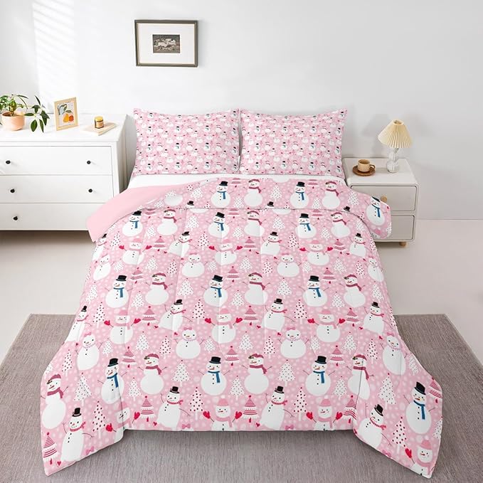 Cartoon Pink Dreamy Boys Girls Comforter Set Full Size,Snowman Christmas Tree Duvet Set Teens Bedroom Decor,Merry Christmas Microfiber Soft Bedding