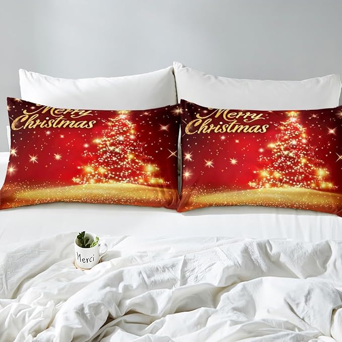 Christmas Tree Duvet Cover Set Queen Size Gold Sparkle Comforter Cover Merry Christmas Bedding Set 3pcs for Kids Boys Girls Western New Year Theme Bedspread Cover with 2 Pillowcases,No Comforter