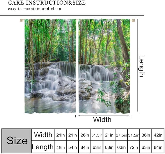 Forest Waterfall Blackout Curtains, Scene Nature Theme Mountain Stream Scenery Print Window Drapes, for Bedroom Living Room 55" W X 63" L