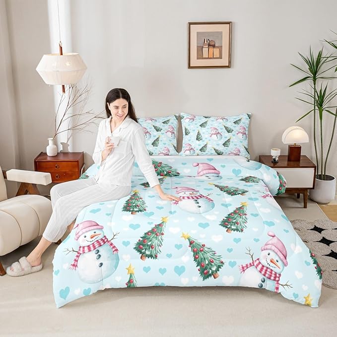 Feelyou Merry Christmas Kids Comforter Set Full Size Cute Snowman Bedding Set Christmas Tree Duvet Quilt for Kids Boys Girls Bedroom Love Hearts Decor Microfiber Ultra Soft Breathable
