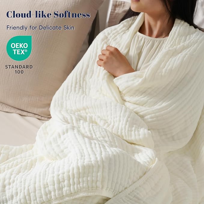 PHF Cooling Muslin Blanket King Size 104"x80", 6-Layer Lightweight Gauze Blanket Made from 35% Rayon Derived from Bamboo & 65% Cotton, Breathable & Ultra Soft Cozy, Aesthetic Home Decor, Snow White