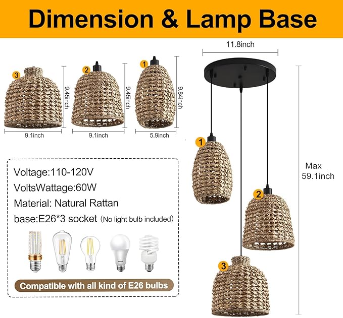 Rattan Pendant Lights,3-Light Wicker Coastal Chandelier Hand-Woven Boho Hanging Light,Kitchen Island Farmhouse Dining Room Living Room