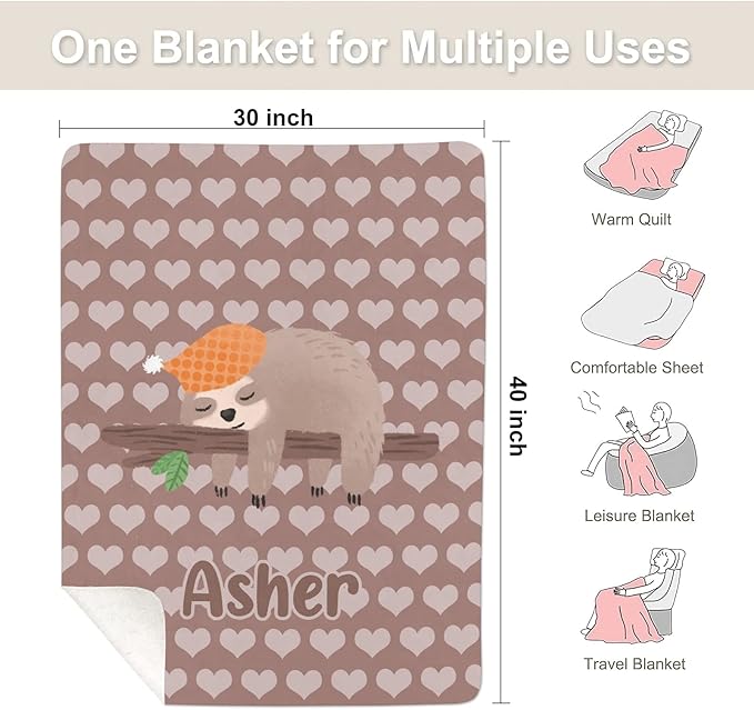 Sloth Hearts Personalized Receiving Sherpa Fleece Baby Blankets for Girls Boys Kids, Swaddle Blankets Gift for Newborn Crib Infants 30x40 Inches