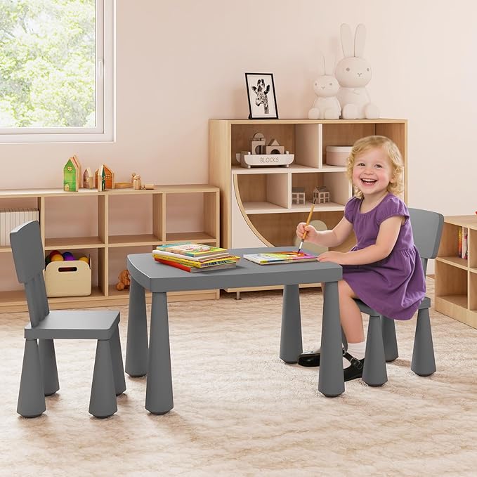 HONEY JOY Kids Table and Chair Set, Plastic Children Activity Table and 2 Chairs for Art Craft, Easy-Clean Tabletop, 3-Piece Toddler Furniture Set for Daycare Playroom, Gift for Boys Girls (Grey)