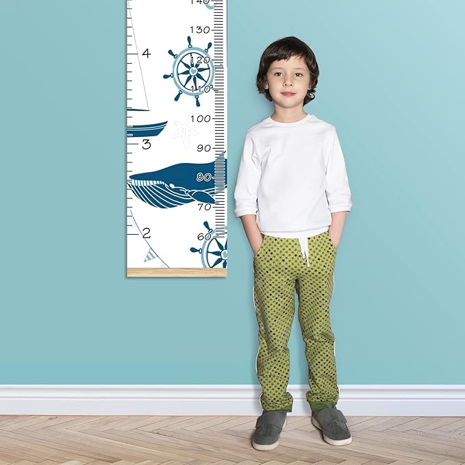 Personalized Kids Name Growth Chart Ruler for Wall Wood Frame Height Measure Chart 13.4x56 in Linen Hanging Height Growth Chart Nautical Lighthouse Sailboat Kids Room Decor