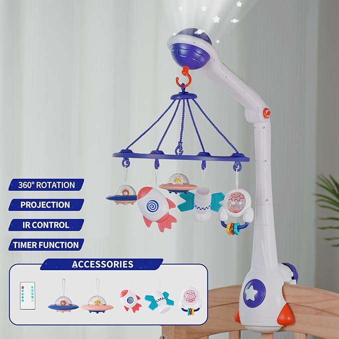Musical Baby Mobile, Space Themed Nursery Mobile with Light Projection, Rocket and Spaceship Teether Toys, Hanging Toy Mobile for Crib