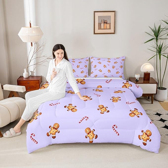 jejeloiu Kids Cute Gingerbread Man Comforter Set Full Size Christmas Theme Bedding Set for Boys Girls Teens Xmas Candy Cane Happy New Year Purple Duvet Quilt Room Decor