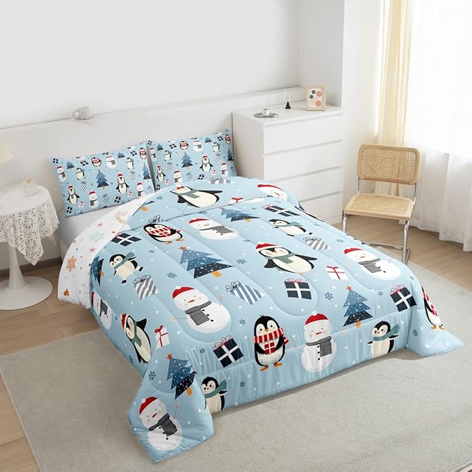 Feelyou Merry Christmas Bedding Set Soft for Boys Girls, Penguin Comforter Set Twin Size Xmas Tree Snowman Duvet Quilt Microfiber Gift Snowflake Bedroom Decor 2 Pcs with 1 Pillow Cases