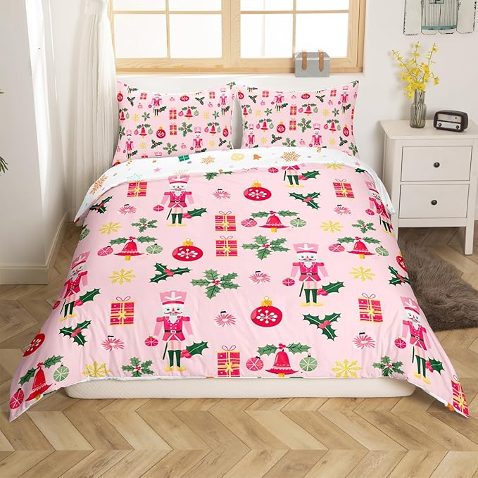 Feelyou Christmas Pink Nutcracker Comforter Cover Toddler Size Cute Royal Guarder Duvet Cover Xmas Snowflake Bedding Set Gifts for Kids Boys Girls Decor 1 Pillow Case Pink