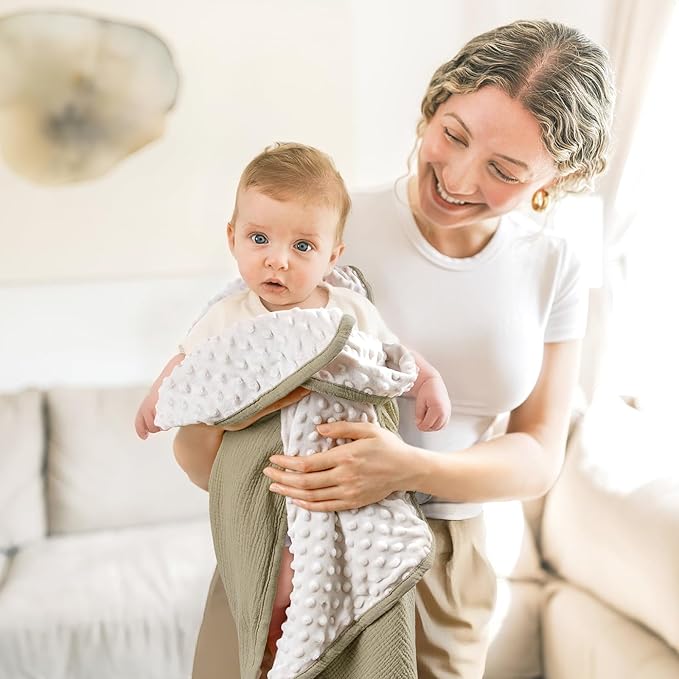 lulumoon Baby Blankets for Newborn Unisex: Thermal Minky Dotted Backing - Muslin Receiving Blanket for Baby Essential & Registry Gift 30"x40"(Olive)