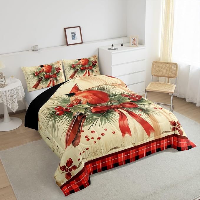 jejeloiu Kids Red Cardinal Comforter Set Full Size Christmas Red Black Plaid Bow Bedding Set for Boys Girls Teens Xmas Birds Animal Winter Wood Plank Duvet Quilt Room Decor
