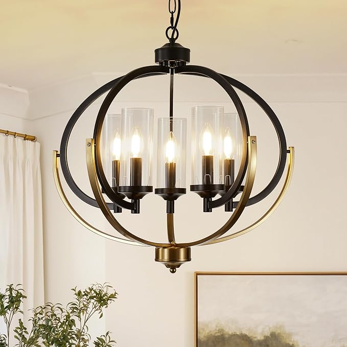 WJShome 5-Light Black and Gold Chandelier, 24" Farmhouse Dining Room Light Fixture, Adjustable Hanging Ceiling Lantern Pendant Light, with Glass Shade Globe Chandeliers, for Kitchen, Bedroom, Foyer