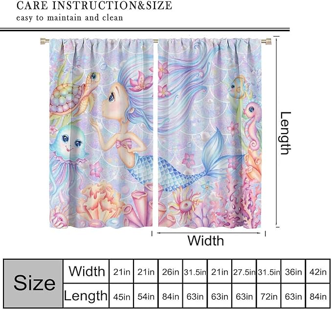 Mermaid Curtains for Girls Children Pink Sea Animal Mermaid Coral Bedroom Curtains for Living Room Room 42x63 Inch