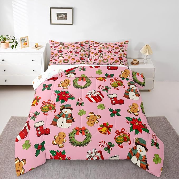 jejeloiu Merry Christmas Comforter Set Queen Size Cute Snowman Bedding Set for Kids Boys Girls Gingerbread Man Duvet Quilt Pink Bedroom Decor
