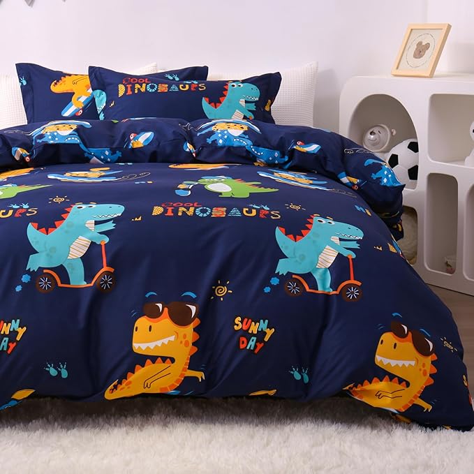 JSD Sports Dinosaur Kids Duvet Cover Set Queen Size, 3 Piece Cute Printed Microfiber Comforter Cover with Pillow Shams Zipper Closure, Comforter Not Included