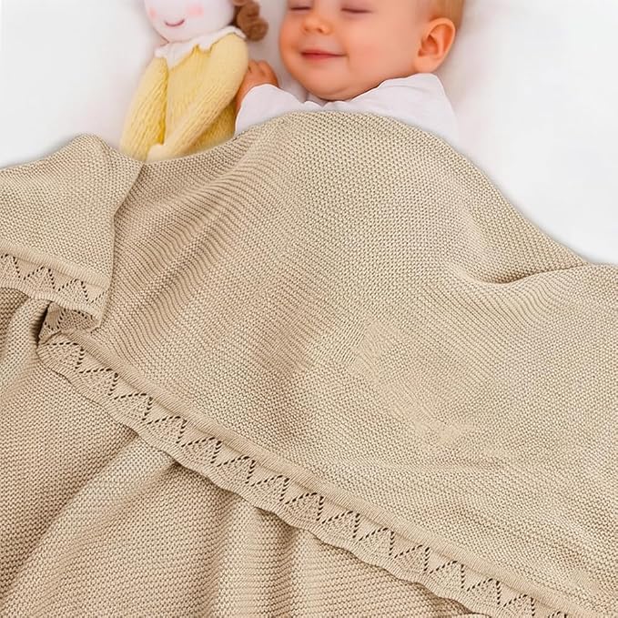 Baby Knit Blanket Soft Breathable Cotton Scallop Border Blankets Newborn Knitted Blanket Swaddle Blankets Gifts for Baby Newborn Toddler Shower Boy Girl New Mom Birthday Christmas Beige 30x40