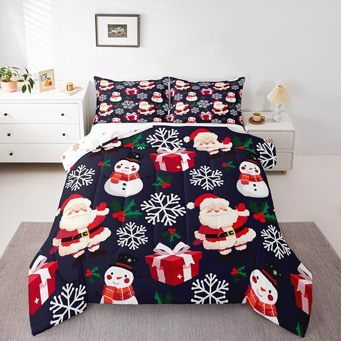 jejeloiu Merry Christmas Comforter Set Twin Size Xmas Santa Claus Bedding Set for Kids Boys Girls Cute Snowman Duvet Quilt Dark Blue Bedroom Decor