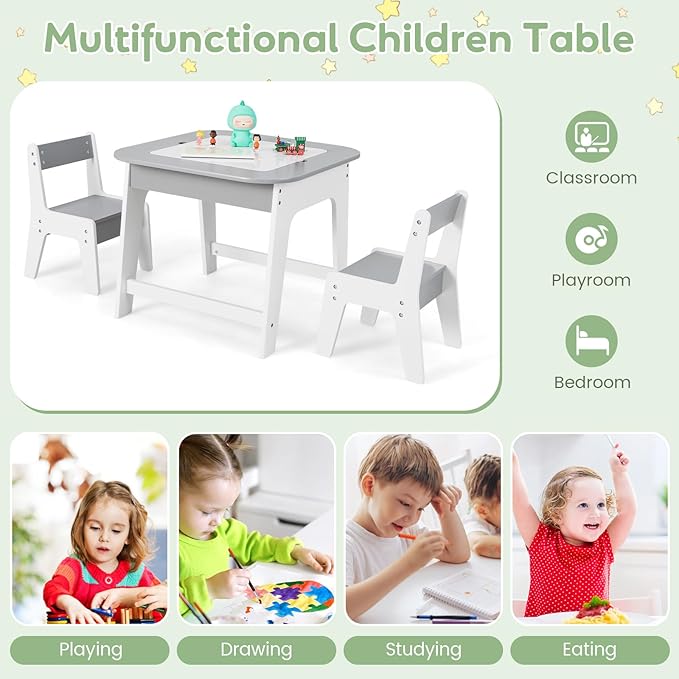 INFANS Kids Table and Chair Set, 3 in 1 Wooden Activity Table with Removable Tabletop, Blackboard and Whiteboard for Toddlers Arts Crafts Drawing Reading Playing, Playroom Nursery (Grey)