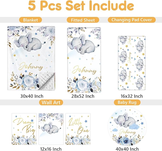 Custom Baby Crib Bedding Set, 5 Pcs Personalized Name Baby Crib Sets for Infant Toddler, Blue Elephant Nursery Bedding Set for Boy Girl, Double Layer Flannel Baby Bedding Sets Customized Gifts