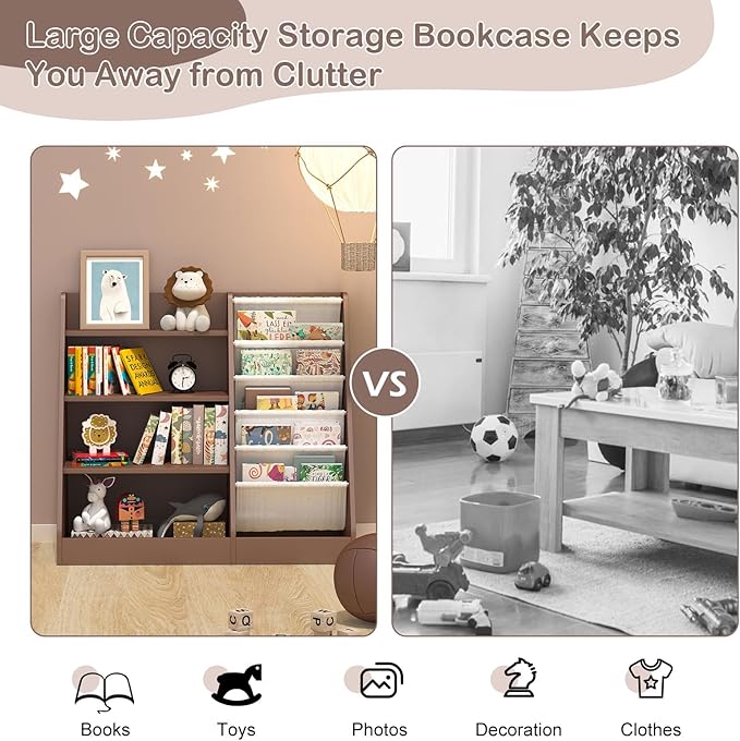 NACHES 4 Tier Kid Bookshelf Wooden 5 Sling Children Bookcase Toddler Montessori Bookcase Book Rack Display Toy Storage Organizer Book Display Shelf Stand Bedroom Nursery Playroom