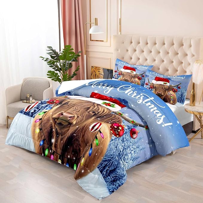LUVIVIHOME 3PCS Funny Highland Cow Comforter Set King Size, Christmas Bedding, Cattle Bull Animal Santa Christmas Balls Winter Holiday Xmas New Year Christmas Bedroom Decor, Cow Gifts, 2 Pillow Shams