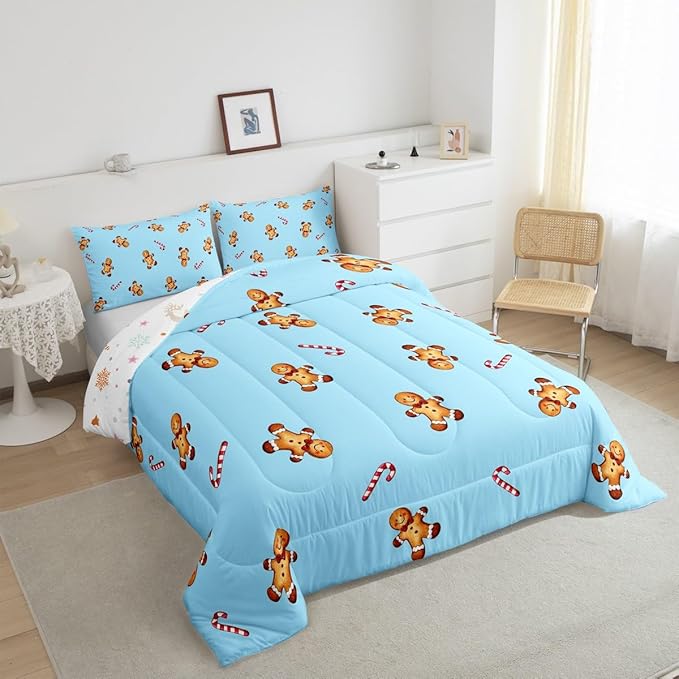 jejeloiu Kids Cute Gingerbread Man Comforter Set Toddler Christmas Theme Bedding Set for Boys Girls Teens Xmas Candy Cane Happy New Year Duvet Quilt Room Decor