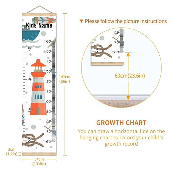 Personalized Kids Name Growth Chart Ruler for Wall Wood Frame Height Measure Chart 13.4x56 in Linen Hanging Height Growth Chart Nautical Tools Kids Room Decor