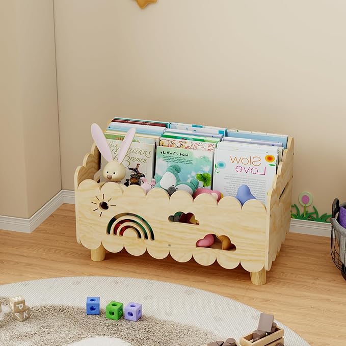 Wood Kids Bookshelf, Montessori Bookshelf, With 2 Adjustable Dividers, Suitable Kids Rooms, Nursery & Classroom, Kids Bookshelf And Toy Storage, Toddler Book Rack, Nursery Book Shelves, Wood color big