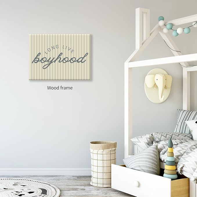 Long Live Boyhood Quote Wall Art Preppy Blue Stripe Poster 08x10 inch Framed Modern Fashion Minimalist Canvas Prints for Boy Nursery Bedroom Wall Decor