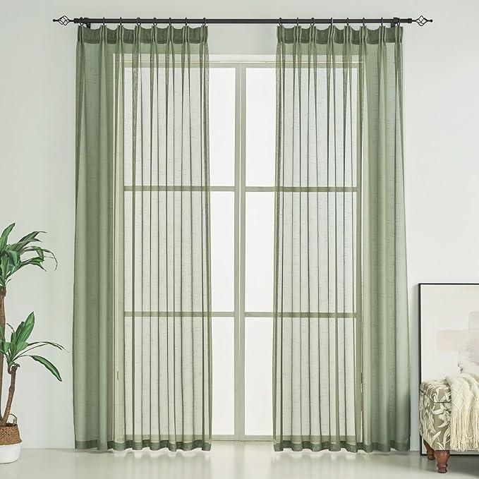 Sage Green Linen Look Sheer Curtains 96 Inches Long 2 Panels, Rustic Textured Light Filtering Drapes, Elegant Window Decor, Pinch Pleat Curtain with Hooks
