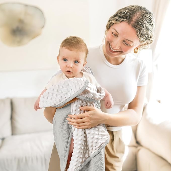 lulumoon Baby Blankets for Boys Newborn: Muslin & Minky Dotted Backing - Thermal Receiving Blanket for Stroller & Registry Gift 30"x40"（Gray
