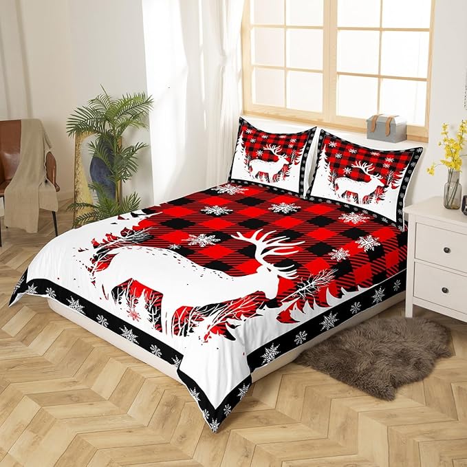 Manfei Christmas Duvet Cover Set Full Size, Xmas Deer Tree Snowflake Print Bedding Set 3pcs for Kids Boys Girls Bedroom Decor, Black Red Plaid Print Comforter Cover with 2 Pillowcases,No Comforter