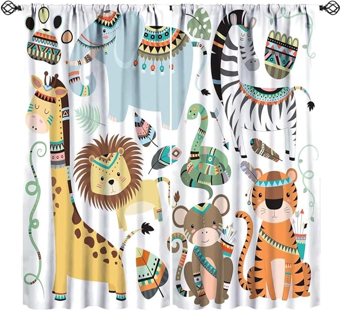 Jungle Tribal Animals Curtains, Southwest Aztec Cartoon Funny Zoo Animals Giraffe Lion Elephant Zebra Tiger Print Thermal Insulation Window Drapes for Kids Boys Girls Bedroom Living Room 42x63in