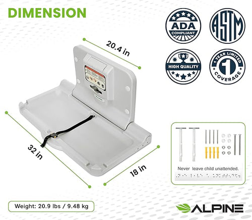 Alpine Wall Mounted Baby Changing Station 2 Pack - Horizontal Baby Changing Table Foldable Diaper Tables with Safety Strap for Commercial Bathroom, ADA Complaint (Hardware Included) White Gray