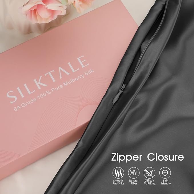 100% Mulberry Silk Pillowcase with Hidden Zipper,Both Sides Pure Silk Breathable Pillow Case for Hair and Skin,19 Momme Grade 6A,1pc,Charcoal,Queen Size 20x30 Inches