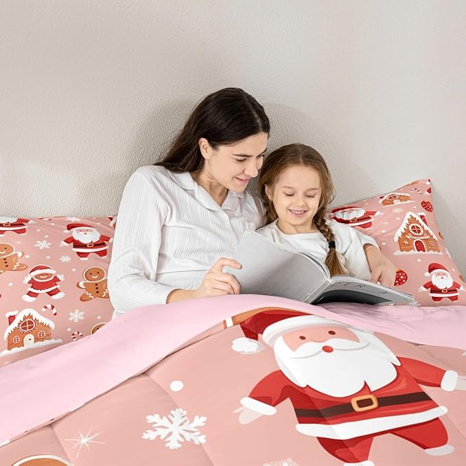 Feelyou Christmas Kids Comforter Set Full Size Santa Bedding Set Gingerbread Man Duvet Quilt for Kids Boys Girls Bedroom Snowflake Decor Microfiber Ultra Soft Breathable