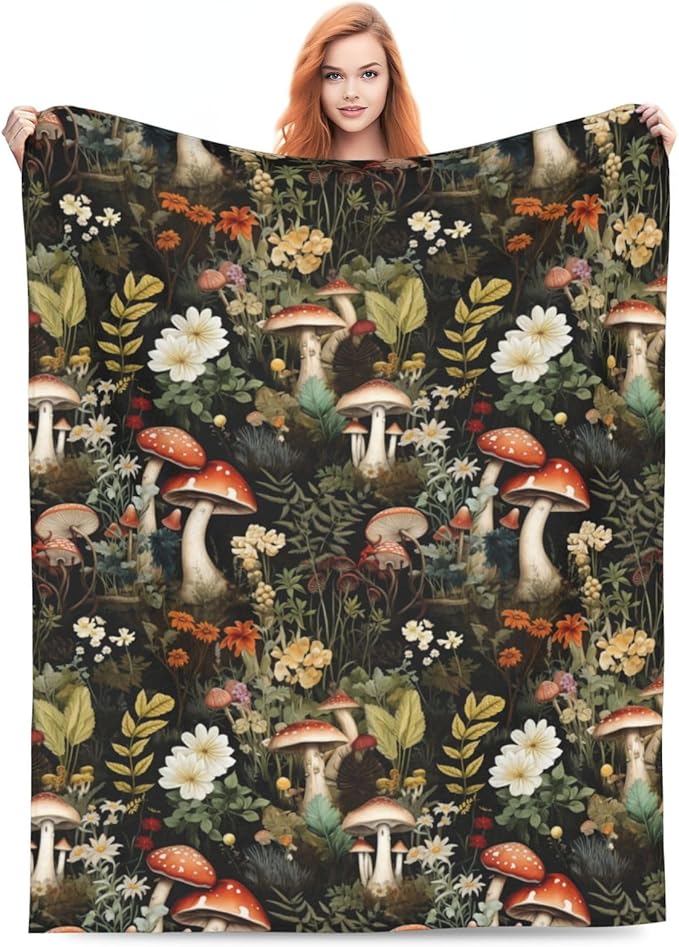 Mushroom Blanket Gifts Floral Weed Flannel Throw Blankets for Home Decor Couch Bed Sofa Soft Fuzzy Lightweight for All Season 80x60 Inches