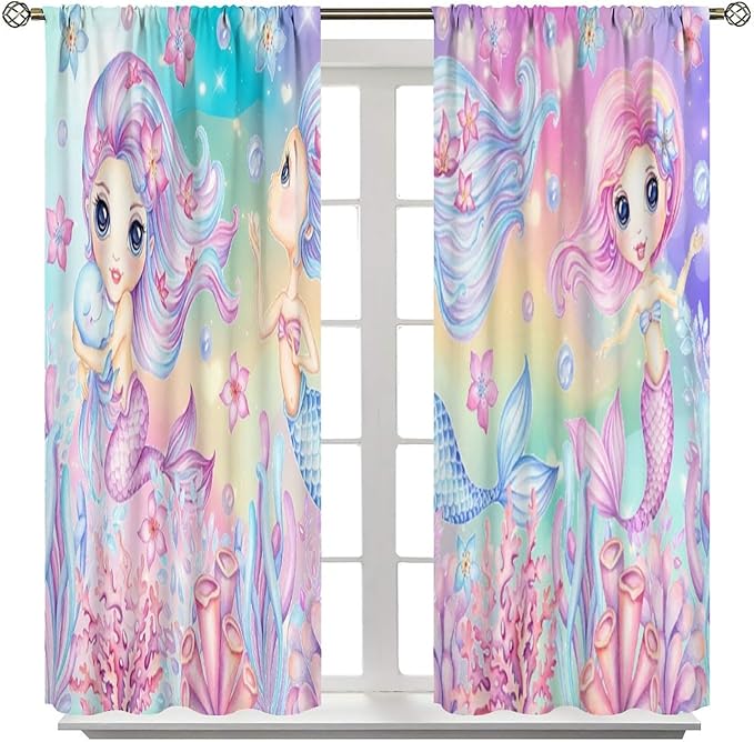Cartoon Mermaid Kids Curtain Fantasy Ocean Theme Coral Flower Floral Window Treatment for Kids Girls Bedroom Nursery Room Decor Rod Pocket Blackout Window Drapes 72x63in