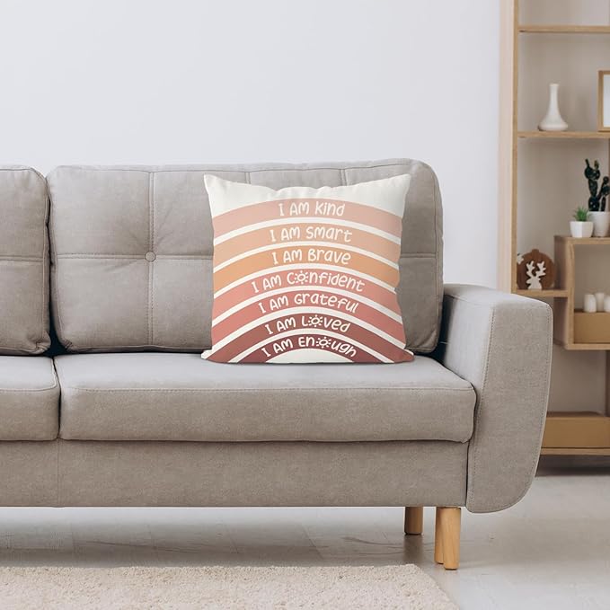 QIYUHOY Fall Decor Boho Rainbow Classroom Throw Pillow Covers, Book Center Calming Corner Playroom Decor Pillow Case, Orange Pillow Cover, I Am Kind Smart Brave Confidence 22x22 Inch (Orange)