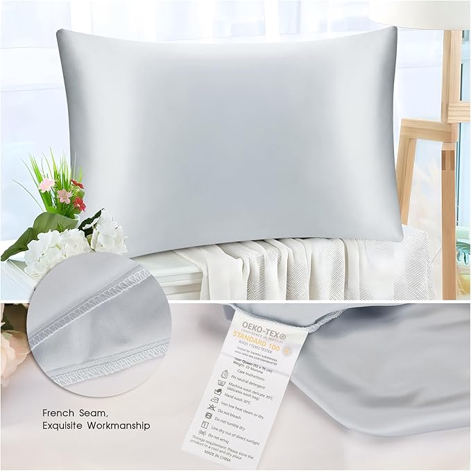 100% Mulberry Silk Pillowcase with Hidden Zipper,Both Sides Pure Silk Breathable Pillow Case for Hair and Skin,19 Momme Grade 6A,1pc,Light Blue,Queen Size 20x30 Inches