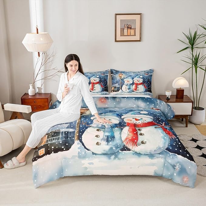 Feelyou Christmas Kids Comforter Set Queen Size Blue Watercolor Snowman Bedding Set Xmas Winter Duvet Quilt for Kids Boys Girls Bedroom Snowflake Decor Microfiber Ultra Soft Breathable