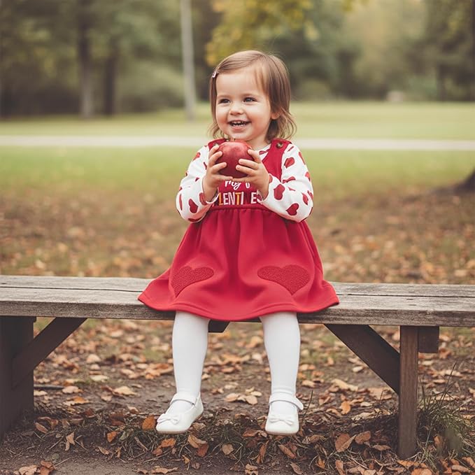 FIOMVA My First Valentines Day Outfit Clothes Baby Girl Romper Love Onesie Heart Embroidery Overalls Suspender Dress Set