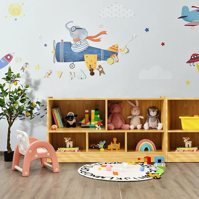 Costzon Toy Storage Organizer for Kids, 5-Section School Classroom Storage for Organizing Books Toys, Wooden Kids Bookshelf Daycare Furniture for Preschool, Playroom, Nursery, Kindergarten (Burlywood)